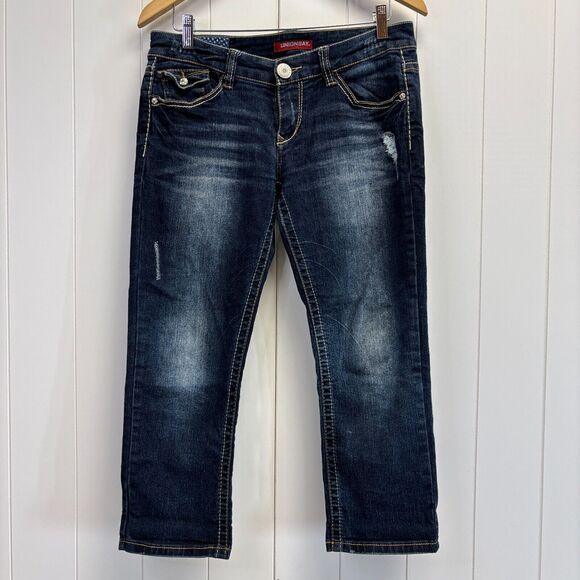 Union Bay Distressed Denim Capri Jeans Juniors Size 9 Y2K Grunge‎ Embroidered - Picture 1 of 9